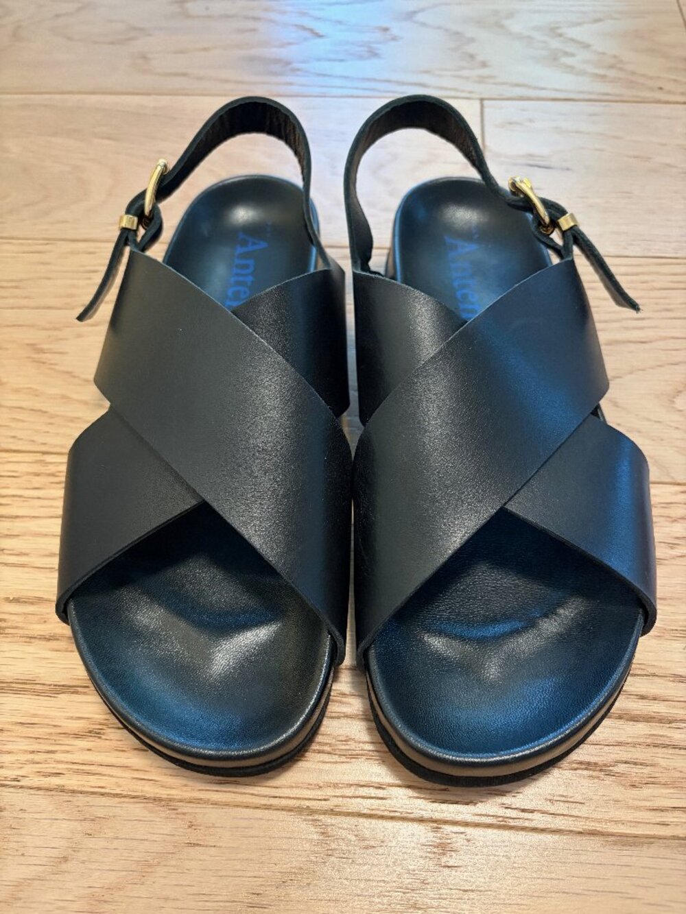 Antenora Black Leather Slingback Sandals Size 39 Made in Italy Crossover Straps